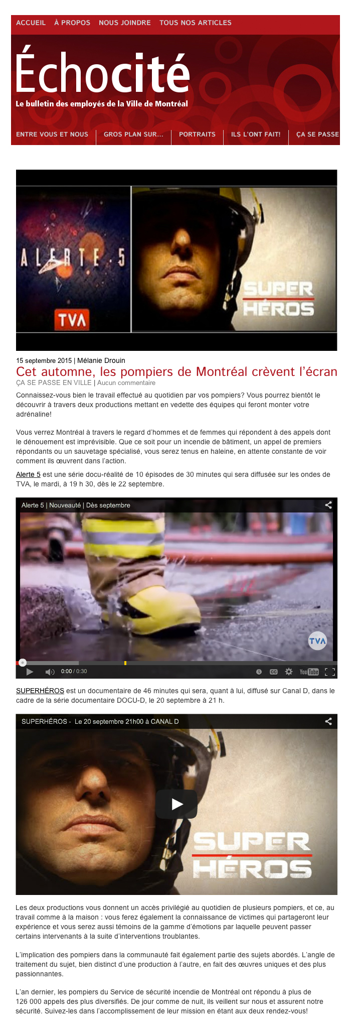 Échocité - Ville Montréal - Superhéros, documentaire sur les pompier (réalisé par Nathalie Ducharme)
